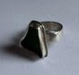 Green seaglass triangle shaped ring, exposed bezel with wide band, sterling silver