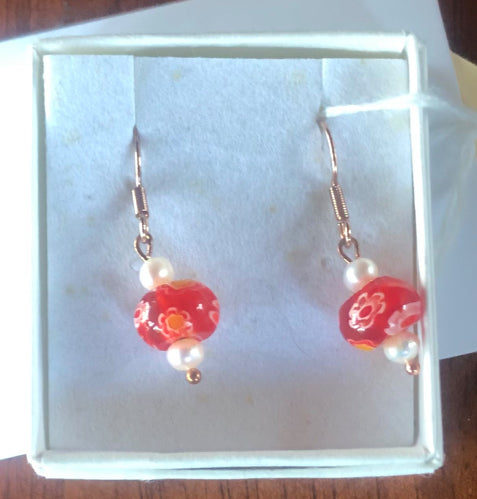 Earrings Fresh Water Pearls & Millefion Beads